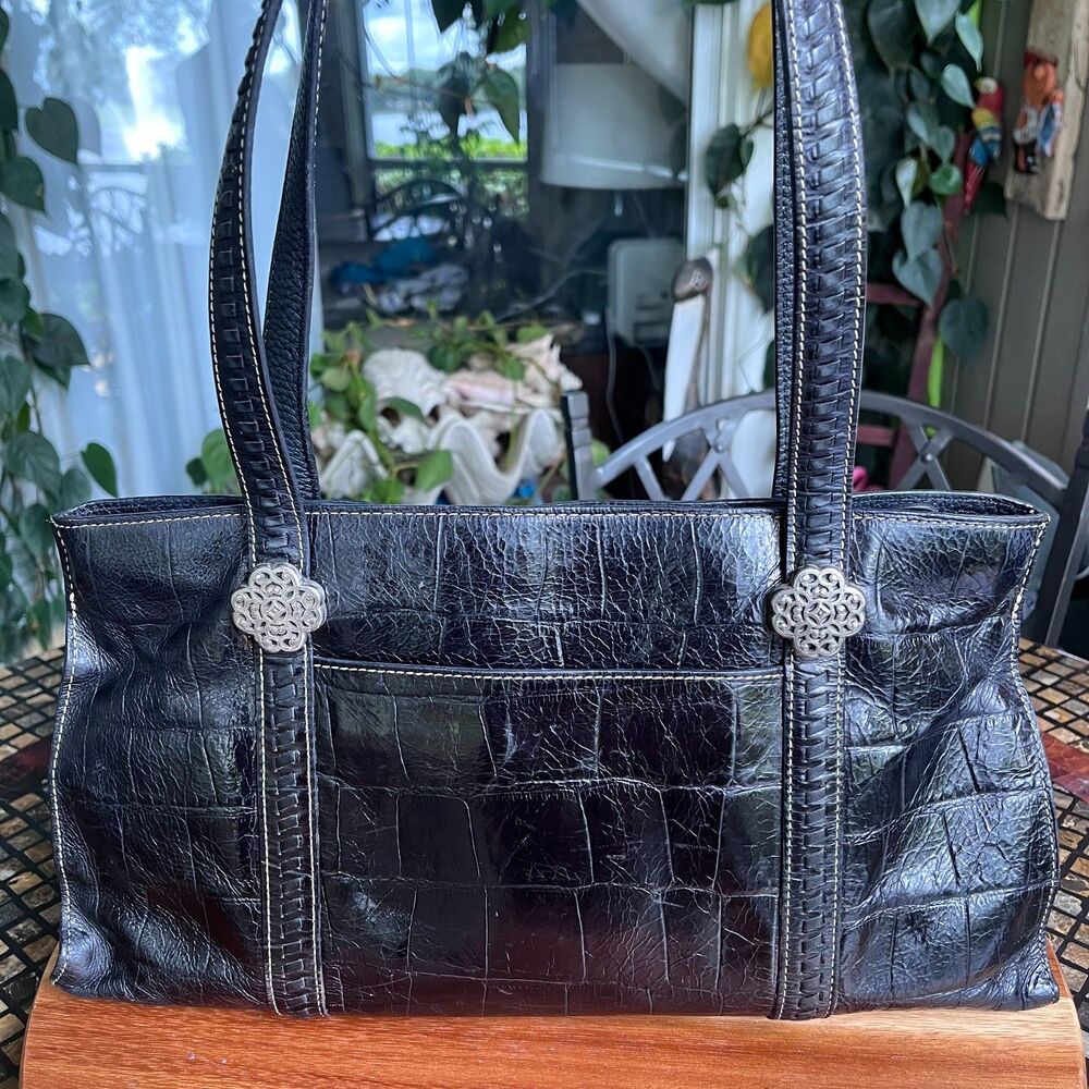 Brighton Sienna Black Croc Embossed Leather Silver Hardware Shoulder Bag